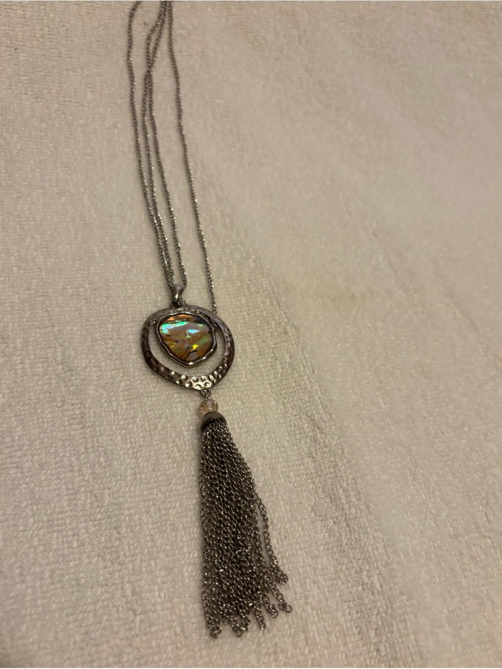 Vintage 90s Boho Tassel Pendant Necklace with Iridescent Stone
